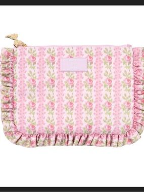 LoveShackFancy Pink Floral Ruffle Pouch with Gold Zip Pull